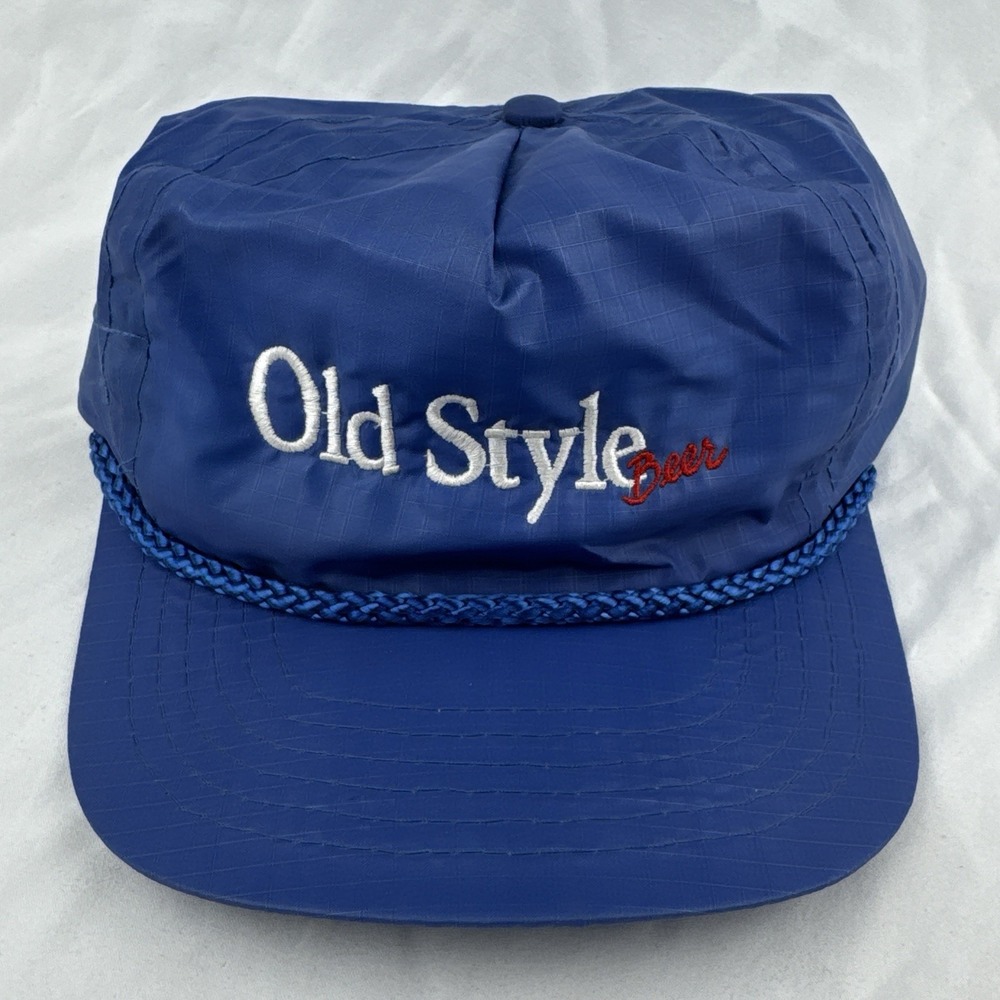 Vintage 80s Old Style Beer Blue Nylon Ripstop Rope Snapback Hat Cap